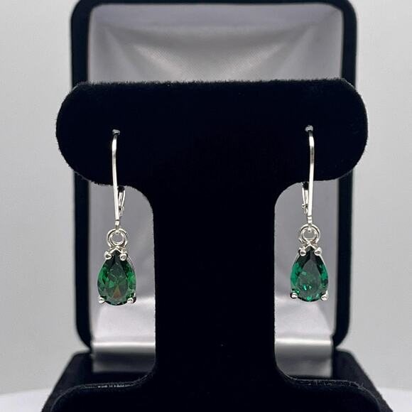 Beautiful 3ctw Pear Cut Emerald Earrings in Sterling Silver Dangle Leverbacks - Picture 4 of 10